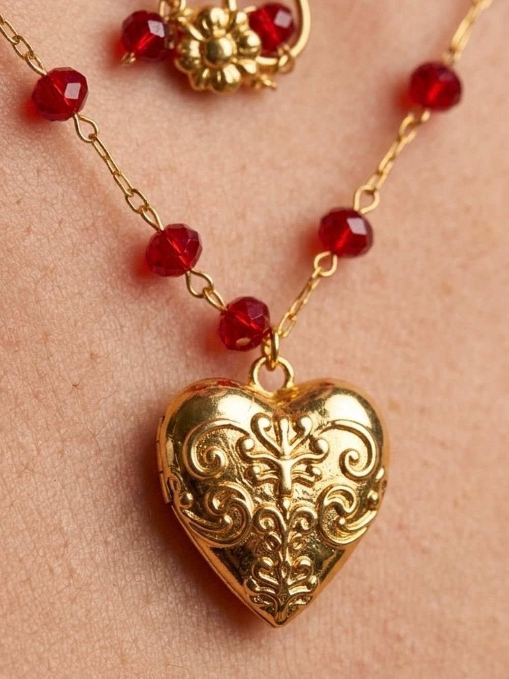 Elegant Gold Heart Pendant Necklace with Red Beads